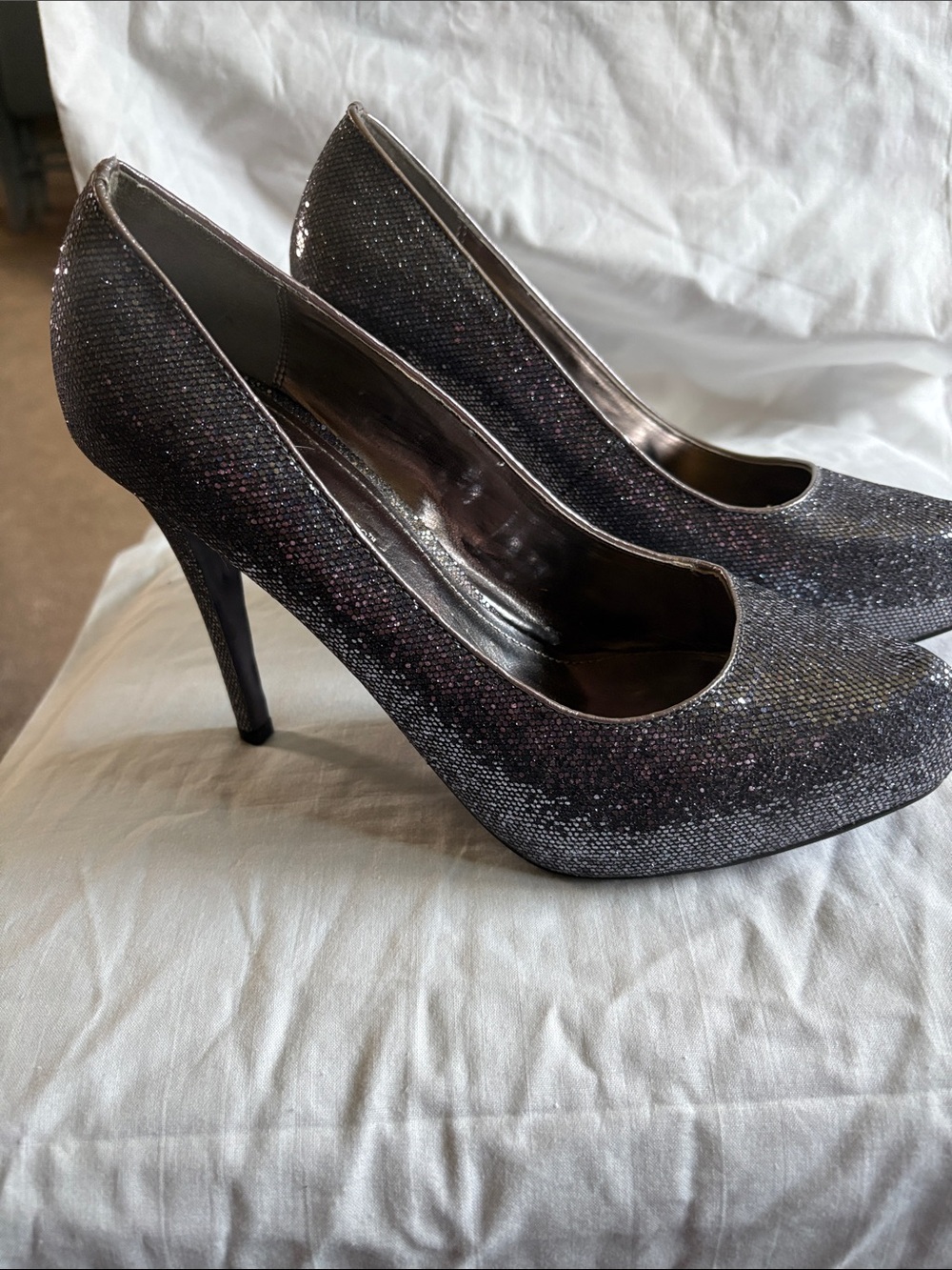JustFab Glitter Round-Toe High Heels - Dark Silver Sparkle